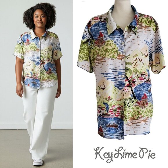 Key Lime Pie Vintage Hawaiian Shirt Tropical Print 100% Rayon Size 1X - Picture 1 of 14